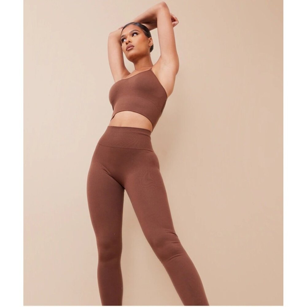 ~NWT PLT~ Seamless High Waist Gym Leggings Dark Brown Sz M Womens Activewear